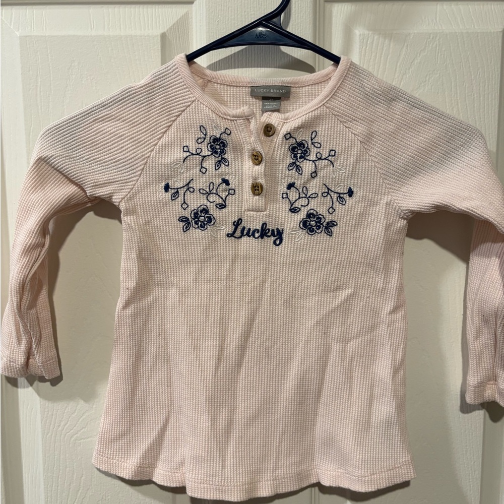Lucky Brand Light Pink Long Sleeve Tee with Navy Floral Embroidery